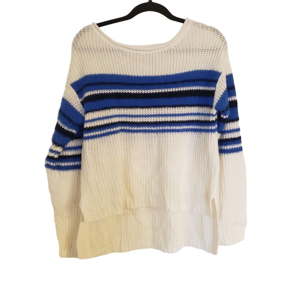Copper key knit sweater size Medium cream blue striped fuzzy‎ knit
